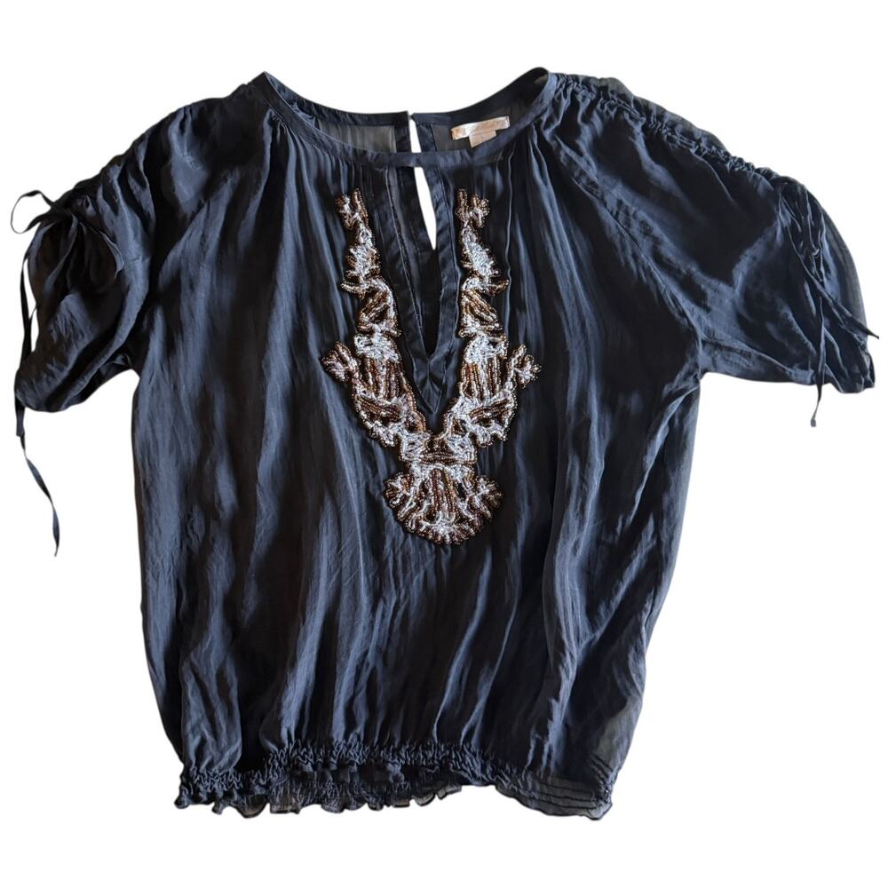 Gold Hawk Vintage Beaded Blouse Silk Sheer Black Top Boho  L - Picture 9 of 15